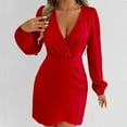 thumbnail image 6 of Antqov Dresses for Women, Solid Color V Neck Long Sleeve Tapered Waist Satin Cocktail Dresses, Daily Party Fashion Cozy Wedding Guest Dress, 6 of 8