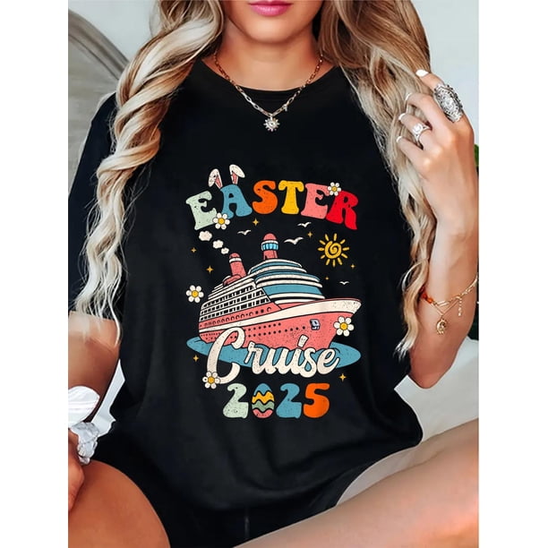 Escuadrón Crucero de Pascua 2025 - Camiseta personalizable para mujer, camiseta con gráfico de Groovy Family, cuello redondo y manga corta, lavable a máquina, camiseta informal