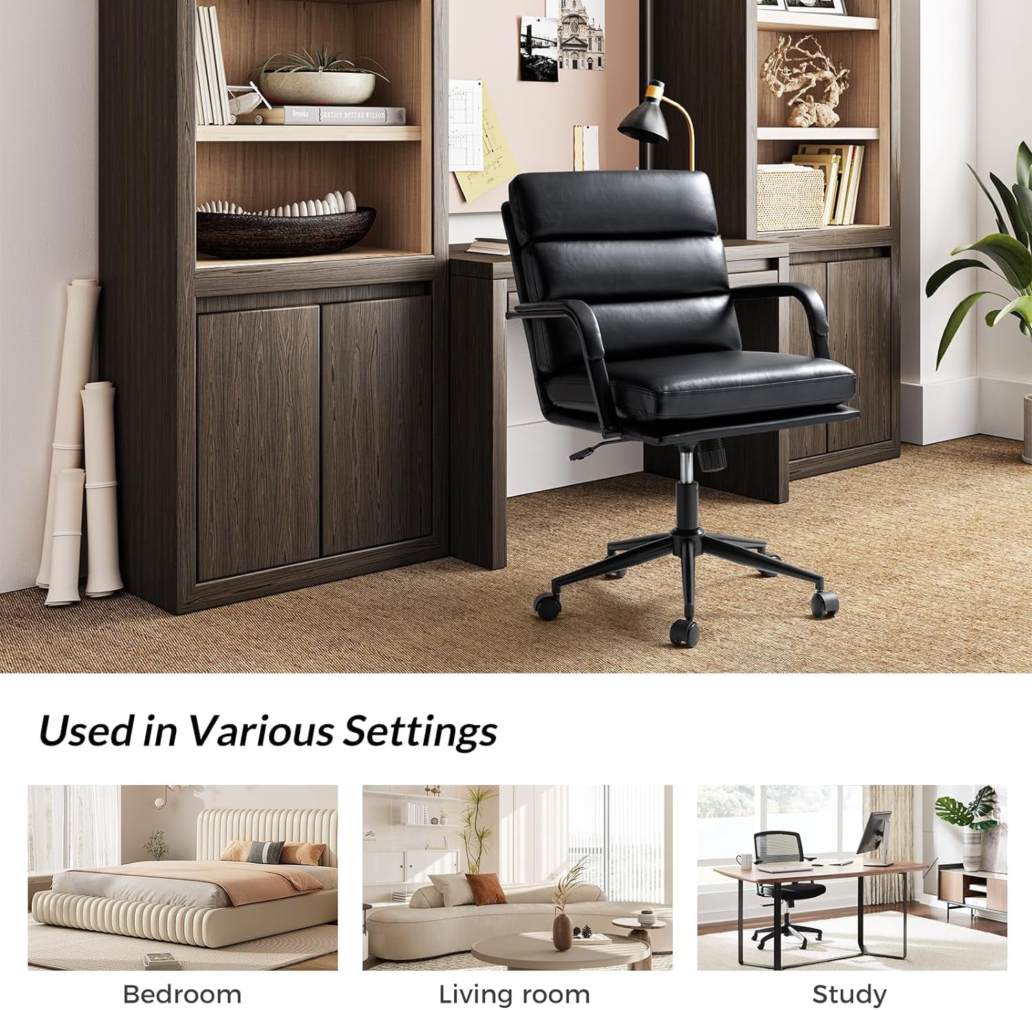 Faux Leather Home Office Chair, Swivel Task Desk Chair with Padded Cushion, Black