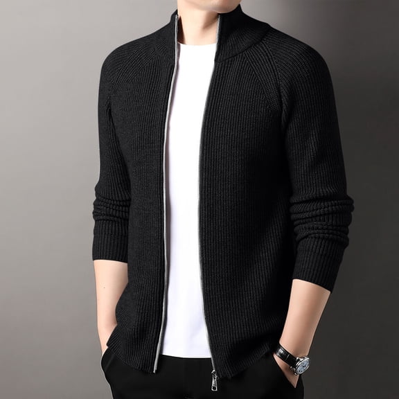 WAENQINLA Men's Full Zip Knit Sweater Jackets Long Sleeve Stand Collared Cardigan Sweaters Winter Cable Knitted Outerwear Coats Black XL