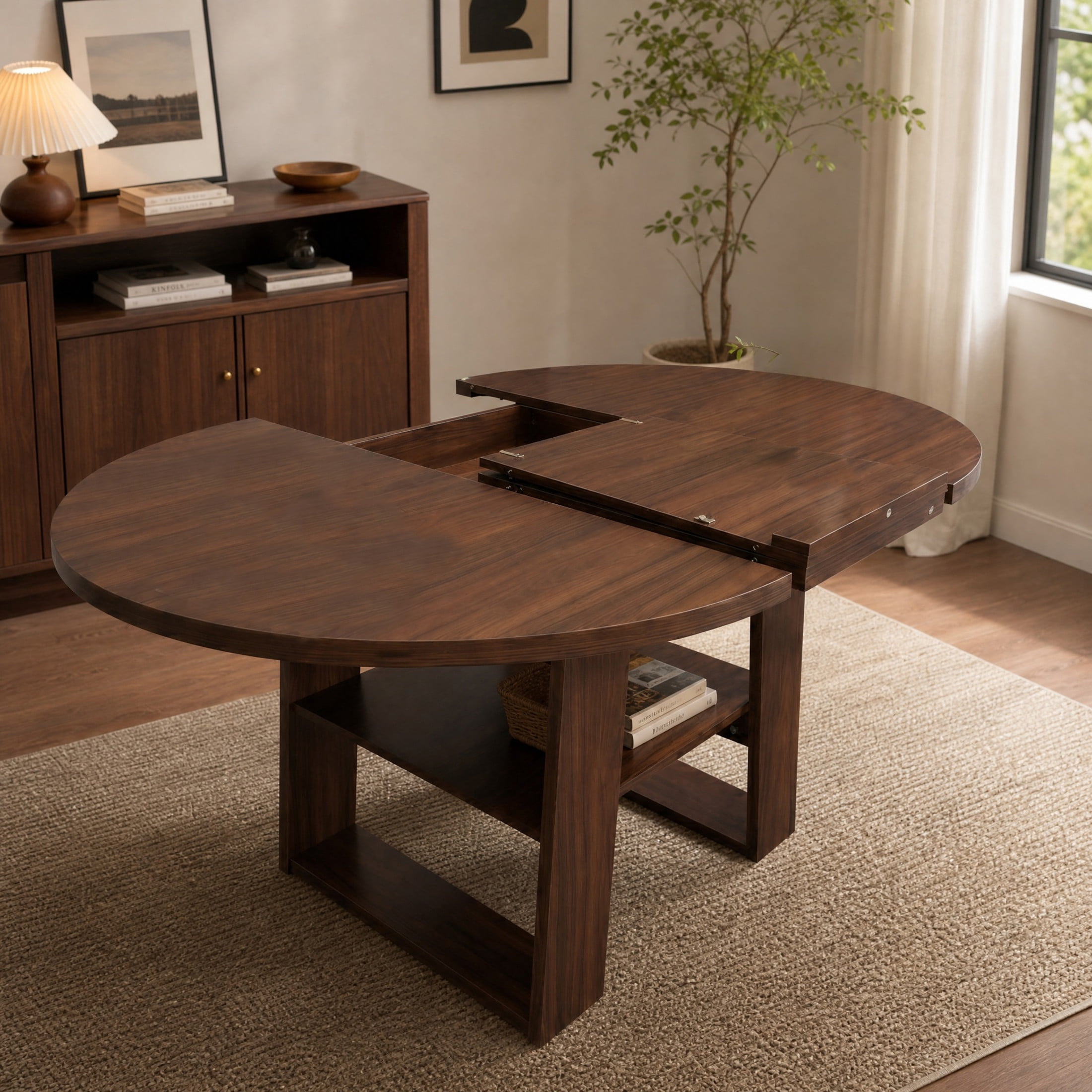 Noble House 43.3"-59.05" Extendable Round Dining Table, Oval Kitchen Table with Storage Shelf, Walnut