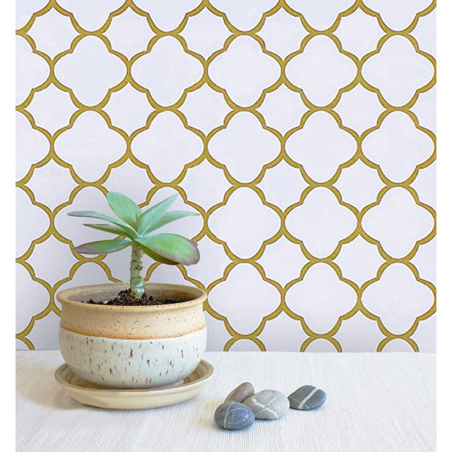 Safiyya Papel Pintado Dorado De 118 X 17,7 Pulgadas, Papel De Contacto Con Patrón Blanco Y Dorado, Papel De Contacto Autoadhesivo Decorativo Extraíble Para Gabinetes, Papel Pintado De Baño Moderno Par