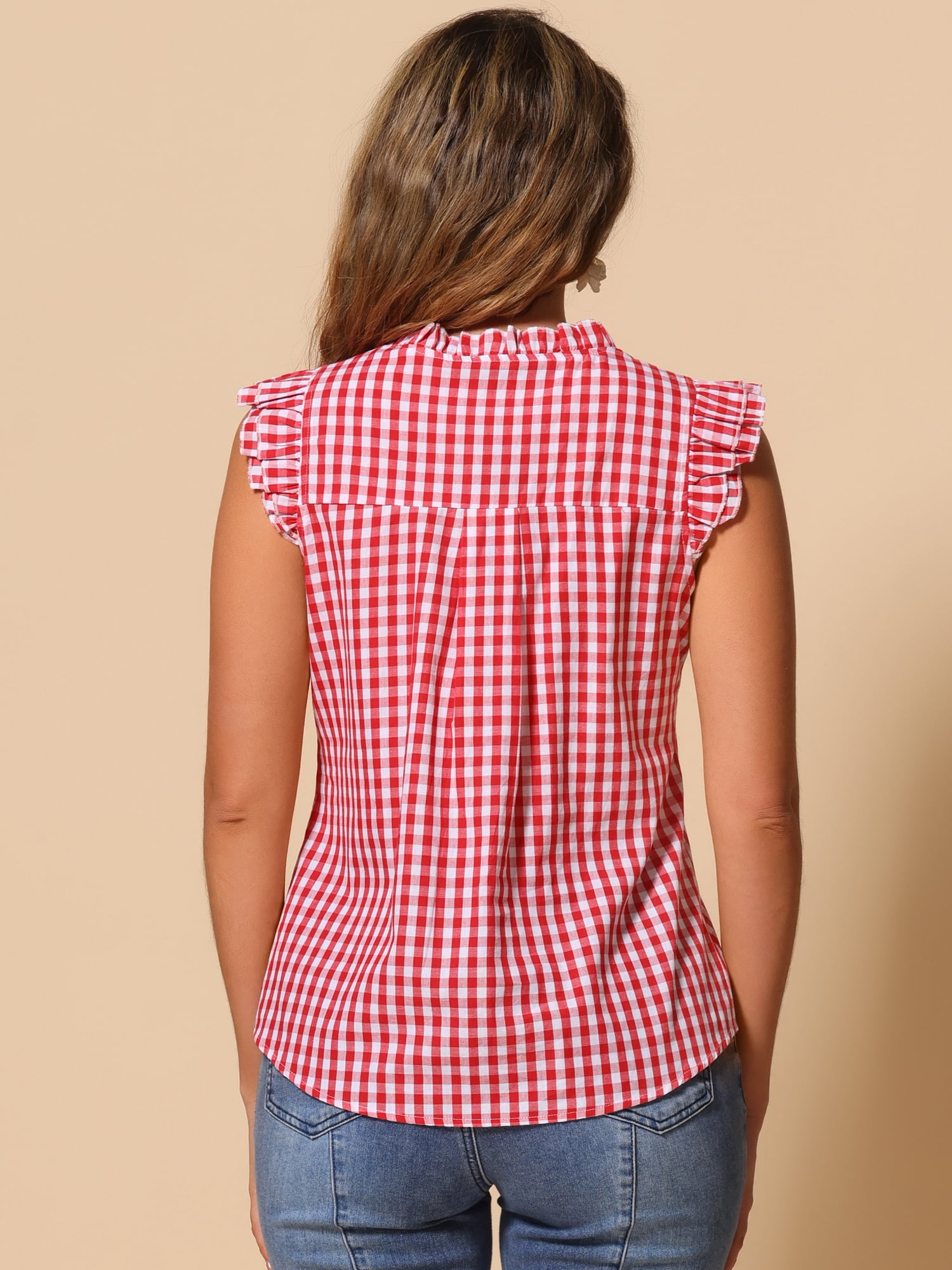 DARING DIVA Women's Ruffle Shirt Vintage Cap Sleeve Checkered Blouse S Hot Pink