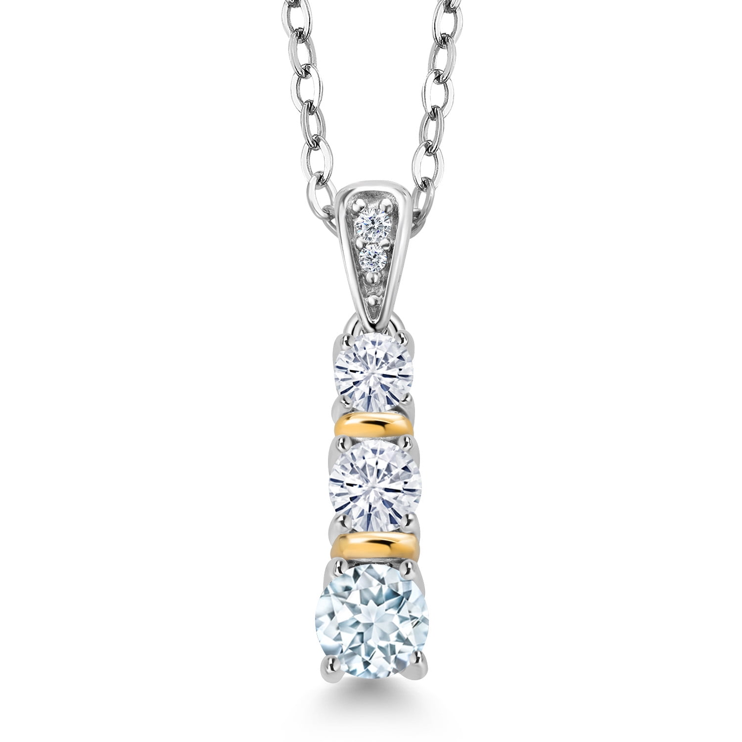 Gem Stone King 925 Silver and 10K Yellow Gold Round Sky Blue Aquamarine and White Moissanite Pendant Necklace for Women (0.51 Cttw, Gemstone March Birthstone, with 18 inch Chain)
