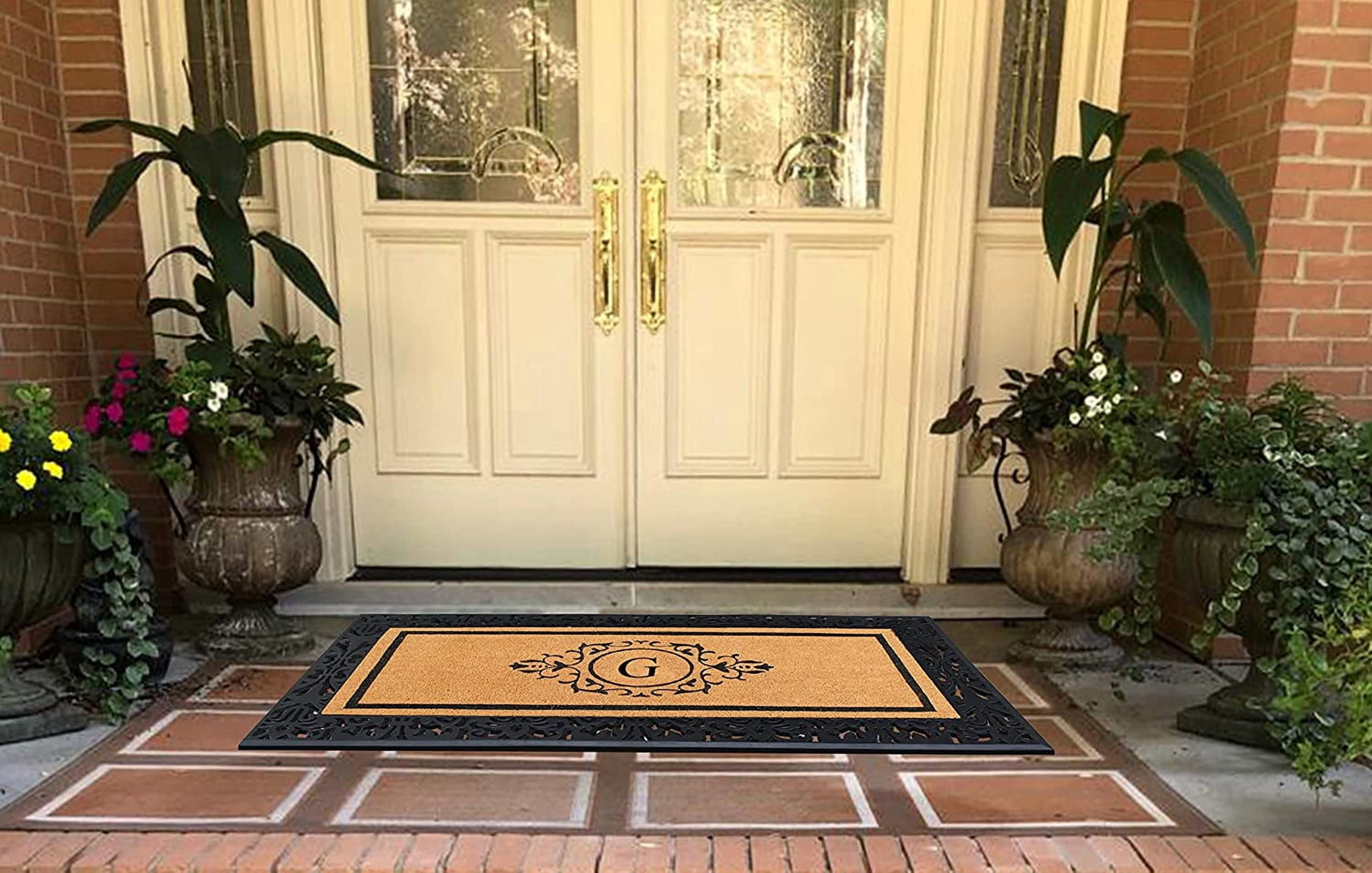 A1HC Natural Coir and Rubber Black Paisley Hand-Flocked Monogrammed Doormat, 30"x60", Durable Low Profile Heavy Duty Outdoor Front Door Mat