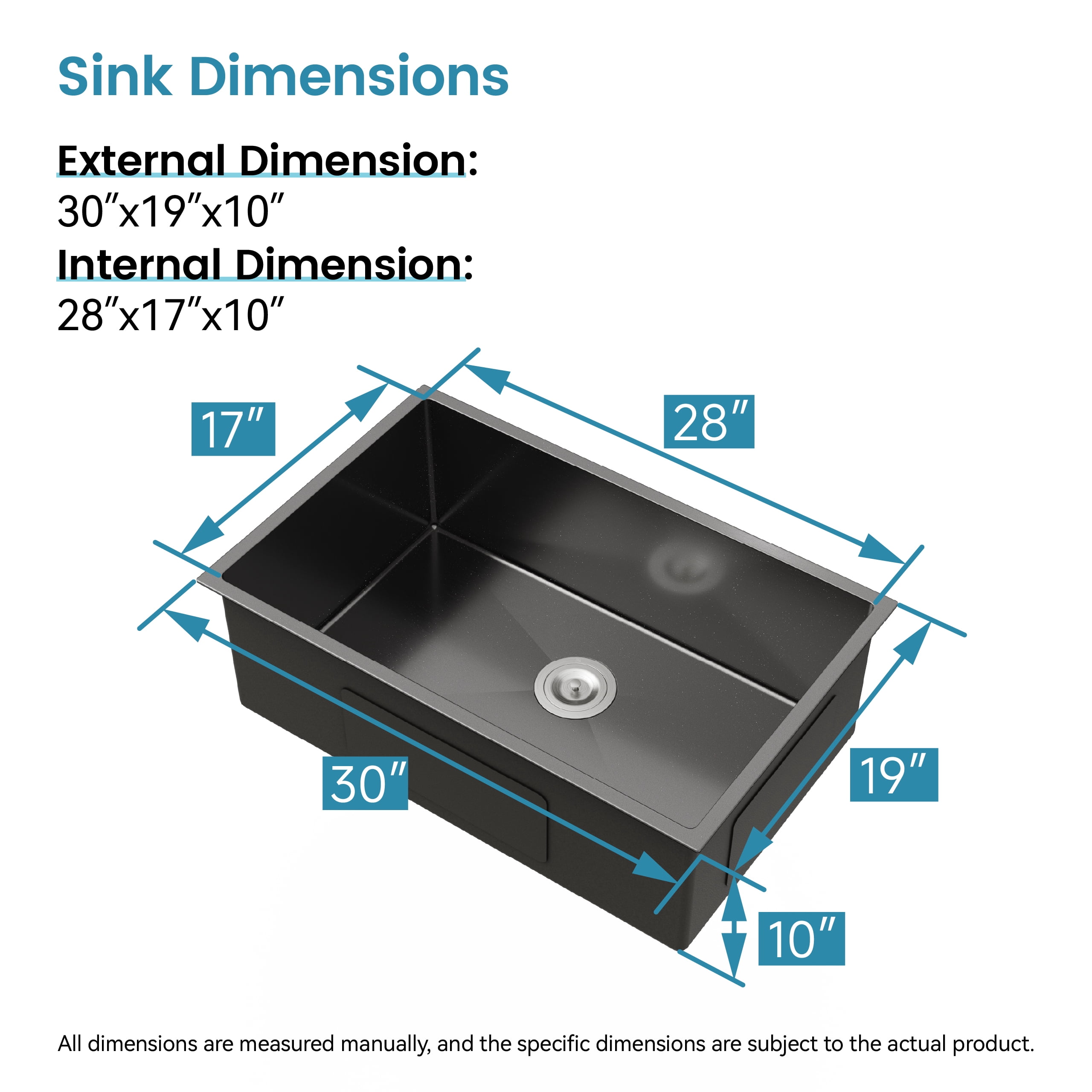 Stainless Steel Kitchen Sink, 30″x19″ Single Bowl, Undermount HandmadeSink in Black, with US Standard Drain and Hook