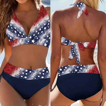 IDALL Bikini Sets Bathing Suit Women s Swimsuit National Flag Print Ties Halter Neck Split Bikini Swimsuit Back Ties Drawstring Swimsuit Set Womens Swimsuits Womens Swimwear Blue XL
