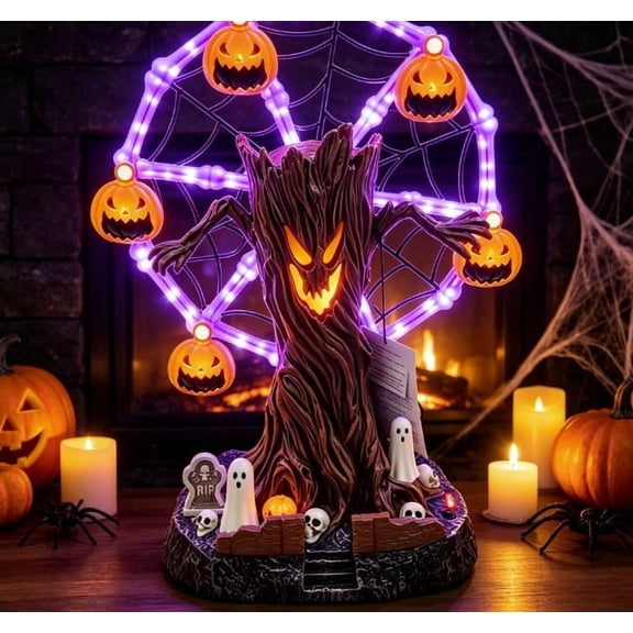 Animated Halloween Ferris Wheel Tabletop Decoration - Light-Up Spooky Tree With Purple LED Lights Moving Skeleton Cauldrons Graveyard Scene