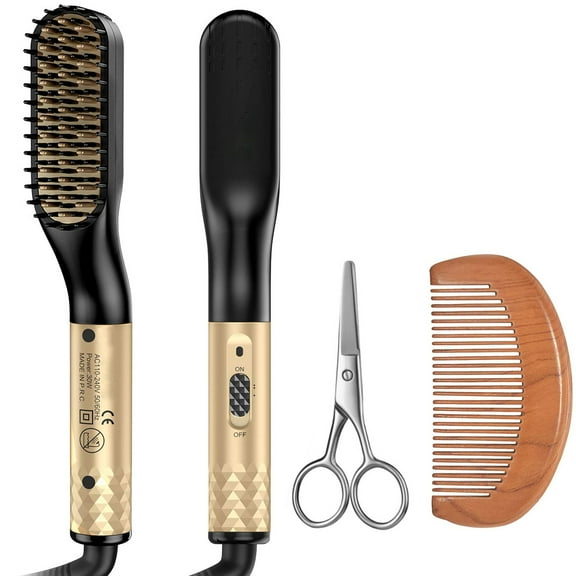 ENROSLU Premium Beard Straightener Brush for Men- Professional Straightening Tool Heated Comb - Beard Kits for Men - Beard Kits Gift Sets Men - Beard Grooming Kit for Men Gift Set (Gold)