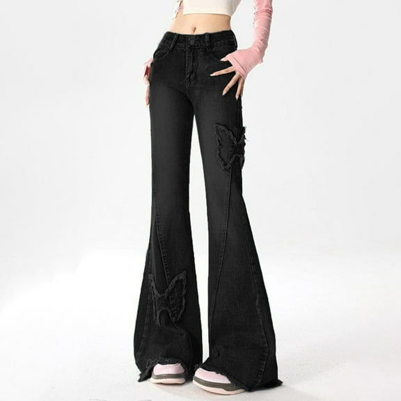 TrendOFT Flare Jeans for Women Butterfly Embroidery Y2K High Rise Jean Trendy Distressed Baggy Denim Pants Black L