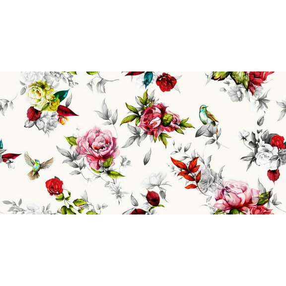 MuralsPrint Summer Birds and Roses Peel & Stick Wallpaper, Removable Wallpaper, 10'L x 24''W