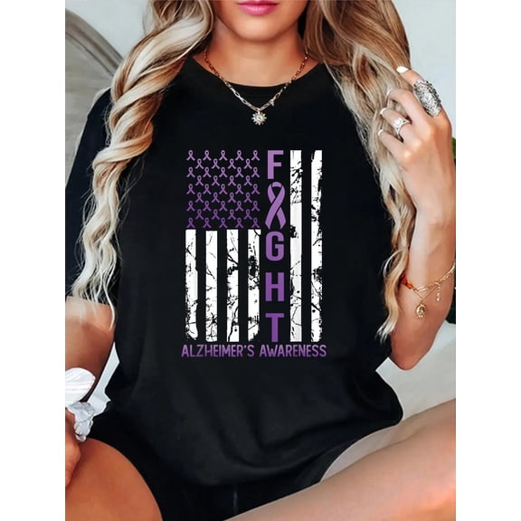 Alzheimer's Awareness Month Day USA Flag Ribbon Purple T-Shirt Graphic Tee summer Tops For Women Round Neck Fashion Cotton shirts