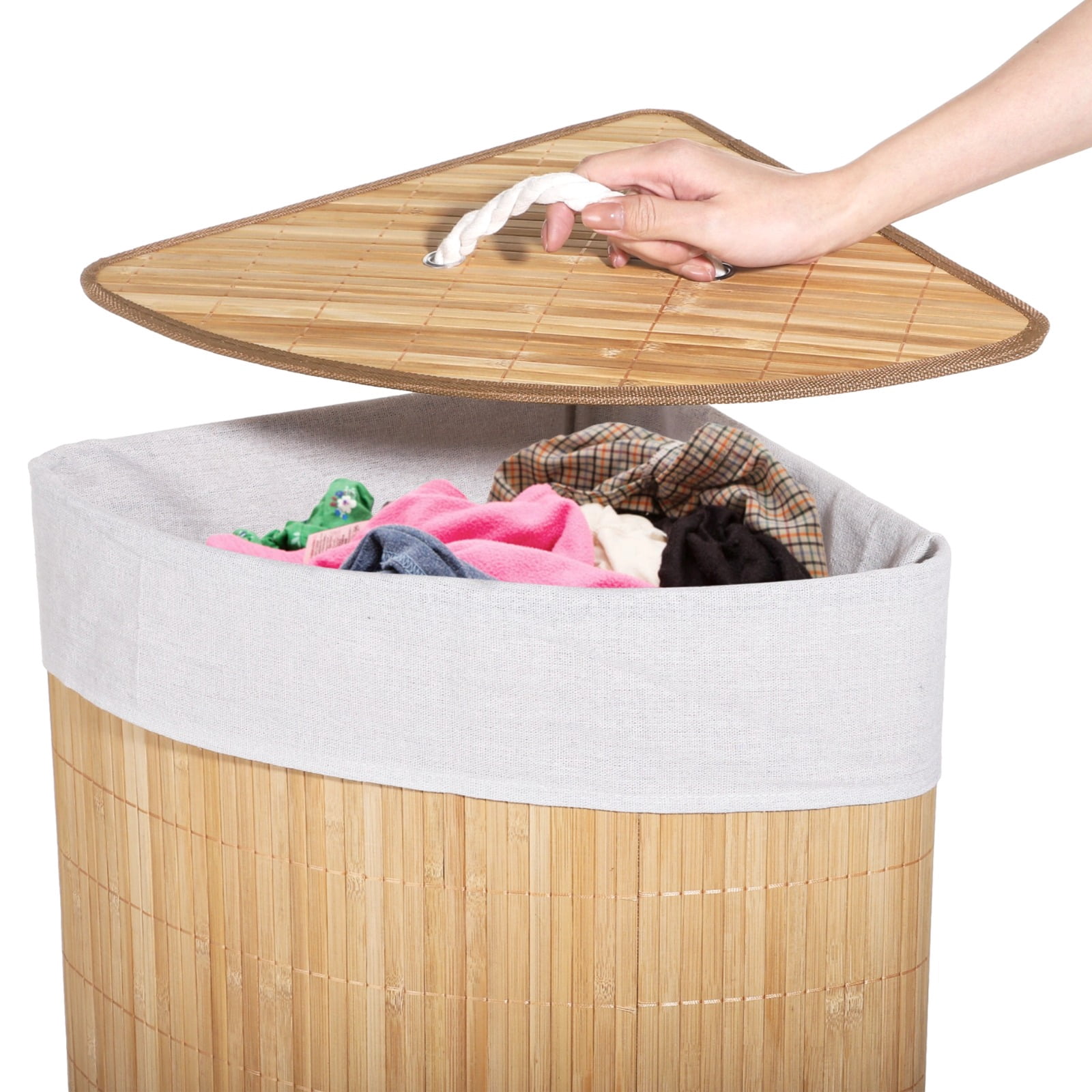 Corner Laundry Hamper with Lid, Foldable Triangle Clothes Hamper, Natural Wood Weave Laundry Basket Bin for Bedroom Bathroom Laundry Room, 25 x 18 in