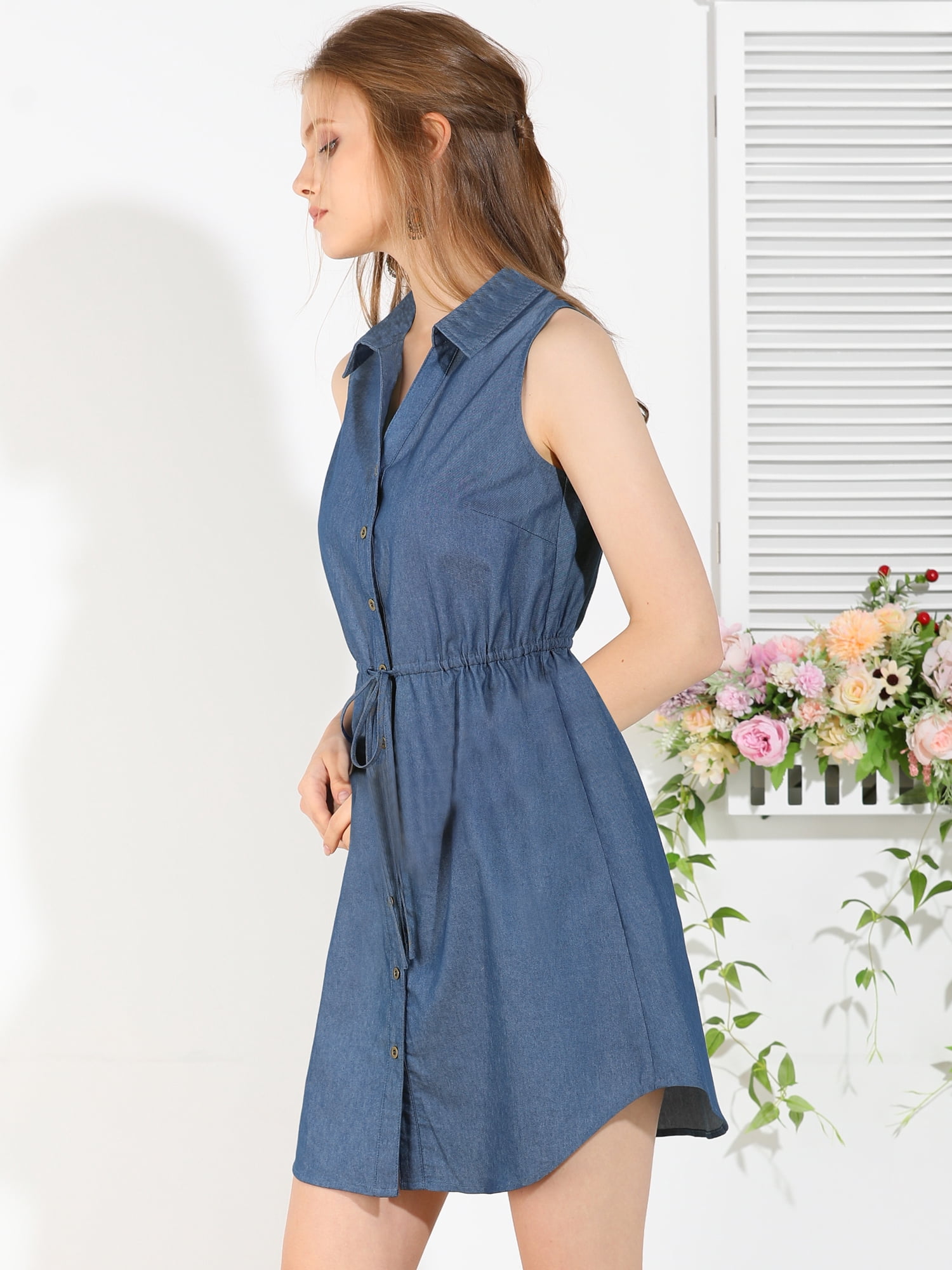 DARING DIVA Sleeveless Collar Button Down Tie Waist Belt Shirt Dress XS Blue