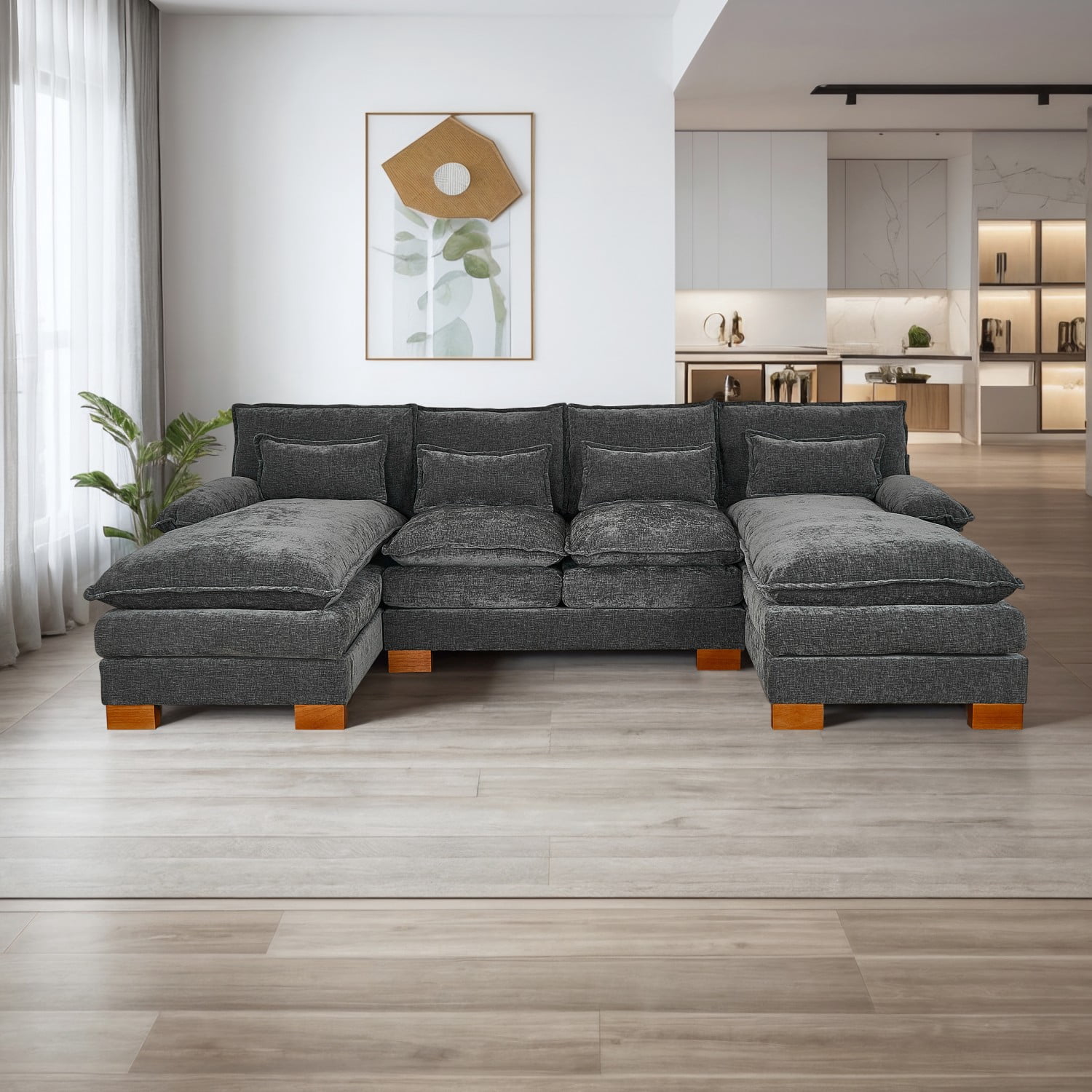 Gewnee Oversize Luxury U-Shaped Chenille Sectional Sofa Couch with Double Chaise and Pillows ,4 Seat Modular Sofa Couches for Living Room