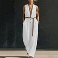 thumbnail image 5 of Guluxicc Women's Contrast Trim Elastic Waist Pleated Wide Leg Jumpsuit Casual Belted Stand Collar Sleeveless Loose Fit Rompers, 5 of 6