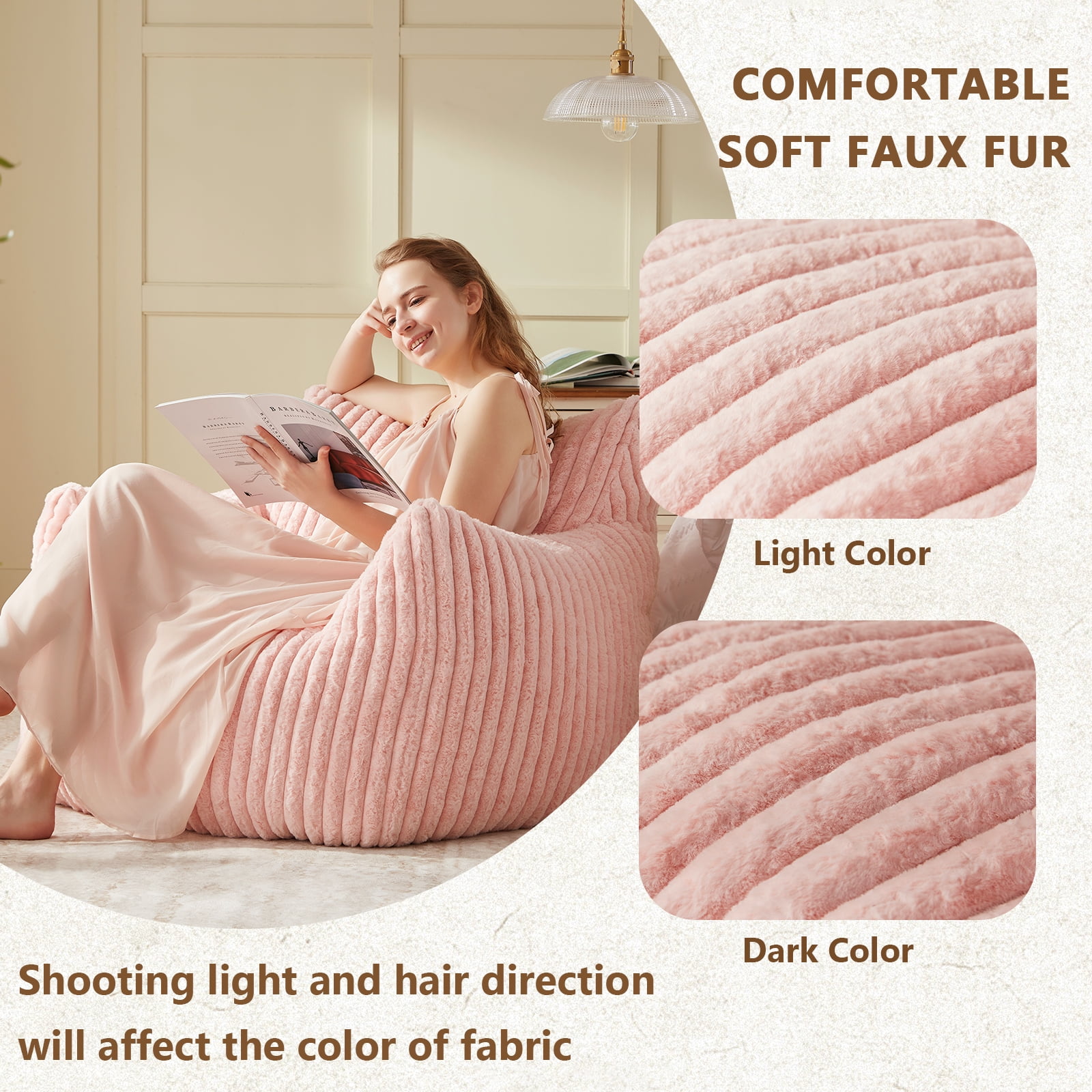 Ebenchico 3ft Bean Bag Chair for Adults Teens Kids with Armrests, Striped Fuzzy BeanBag Chairs with Filling, Pink