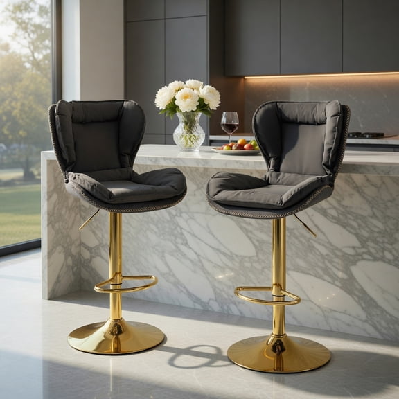 Resenkos Set of 2 Swivel Bar Stools PU Leather Bar Chairs with Footrest and Curved Backrest-Gray, Bar Height Stools, Bar Stools for Kitchen Island for Kitchen, Dining Room
