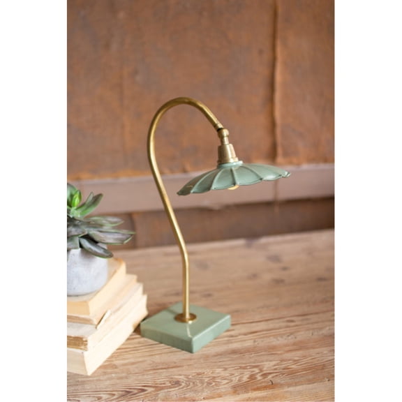 ANTIQUE BRASS GOOSE NECK TABLE LAMP WITH ENAMEL SHADE
