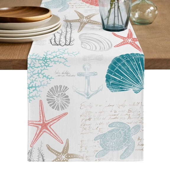 Teal Red Coastal Nautical Table Runner, Beach Sea Turtle Ocean Coral Starfish Cotton Linen Table Runners 120 Inches Long, Dresser Scarf Runner for Dining/Living Room/Kitchen/Square Tables 13''x120''