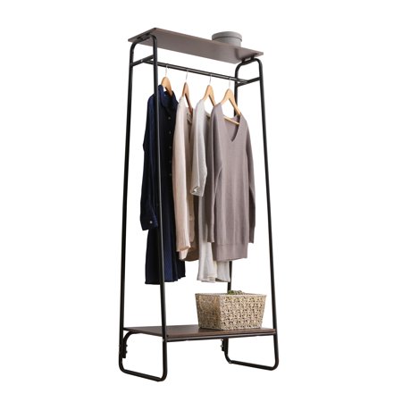 IRIS USA Metal Garment Rack with 2 Wood Shelves Black and Dark Brown