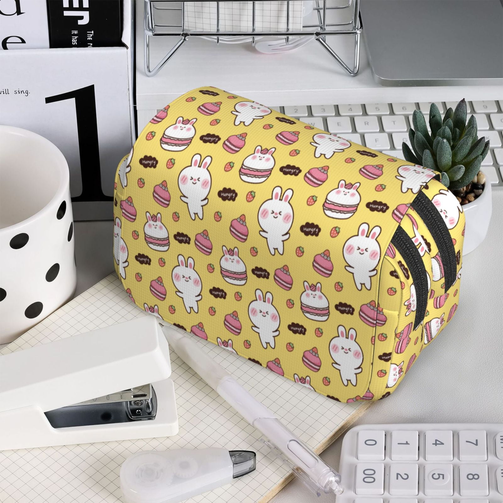 Rateoe Rabbit Hunger Pattern Double Clamshell Pen Case, Storage Organizer with Two Zipper Compartments– Holds Up to 50 Pencils & Pens