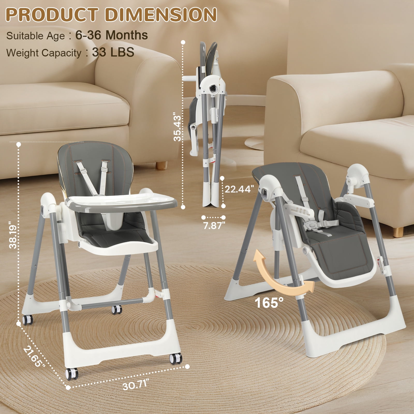 Ktaxon Baby High Chair, Convertible 6 in 1 Baby Highchair with Swing Function for Babies and Toddlers, with 5-Point Safety Harness, Adjustable Dining Tray, Backrest, Footrest & Height, Gray