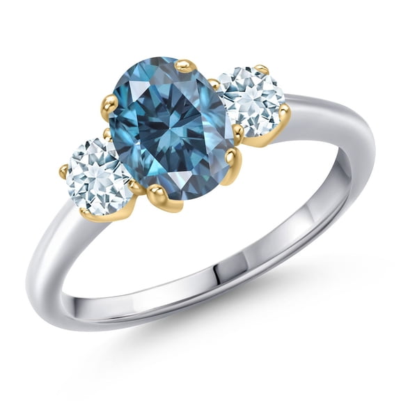 Gem Stone King 10K Two Tone Gold Persian Blue Moissanite and Sky Blue Aquamarine Engagement Ring for Women | 1.88 Cttw | Oval 8X6MM | Gemstone Birthstone | Size 7