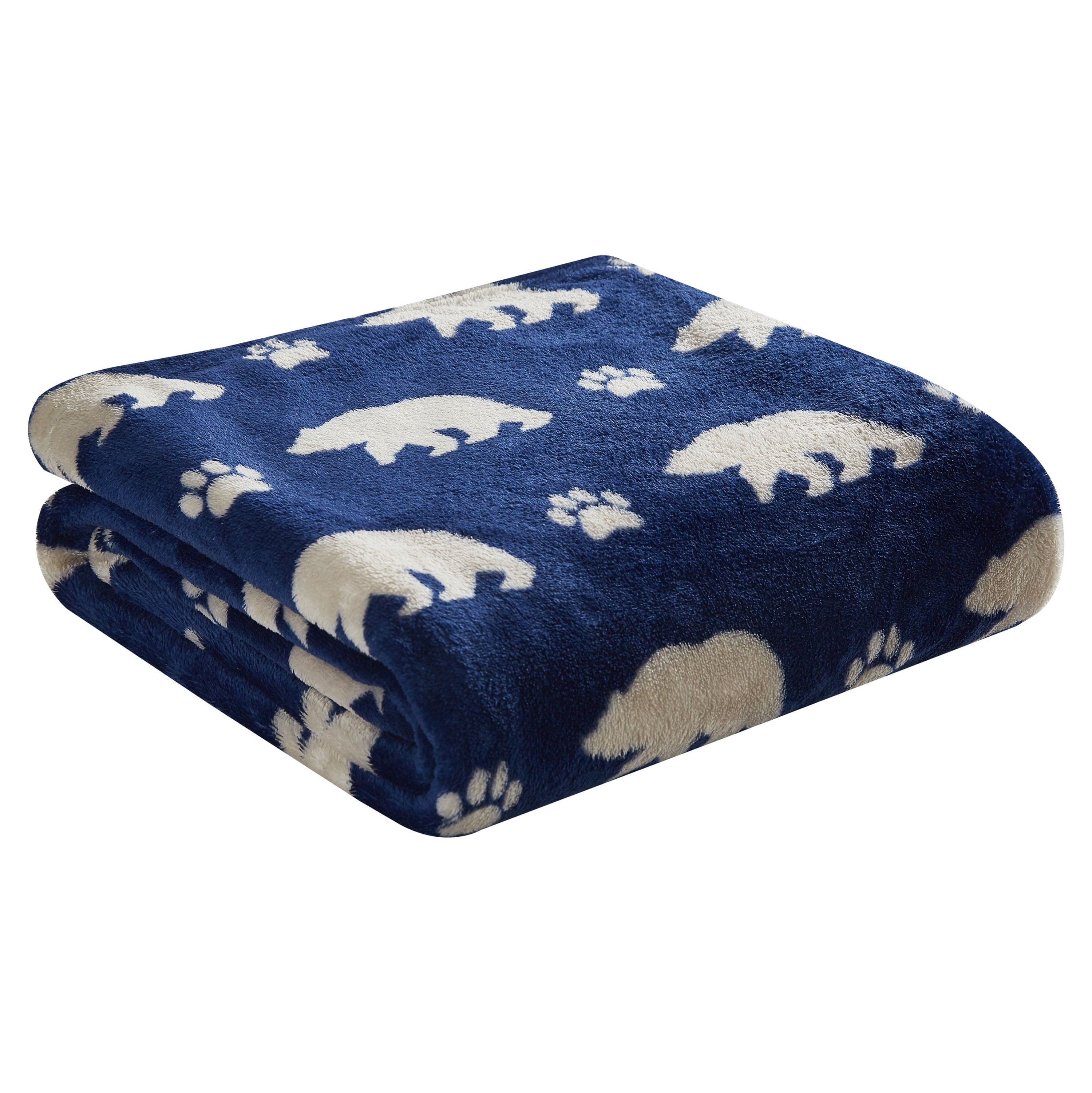 Dearfoams 4-Piece Plush Navy Bear Print Polyester Fill Comforter Set, Includes a Throw and Two Eyemasks, Queen
