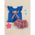 thumbnail image 5 of BemeyourBBs Toddler Baby Girl 4th of July Outfit Patriot Fourth of July Summer Independence Day Clothes American Flag Embroidered Backless Flying Sleeve T shirt Tops Plaid Ruffle Shorts Set, 5 of 9