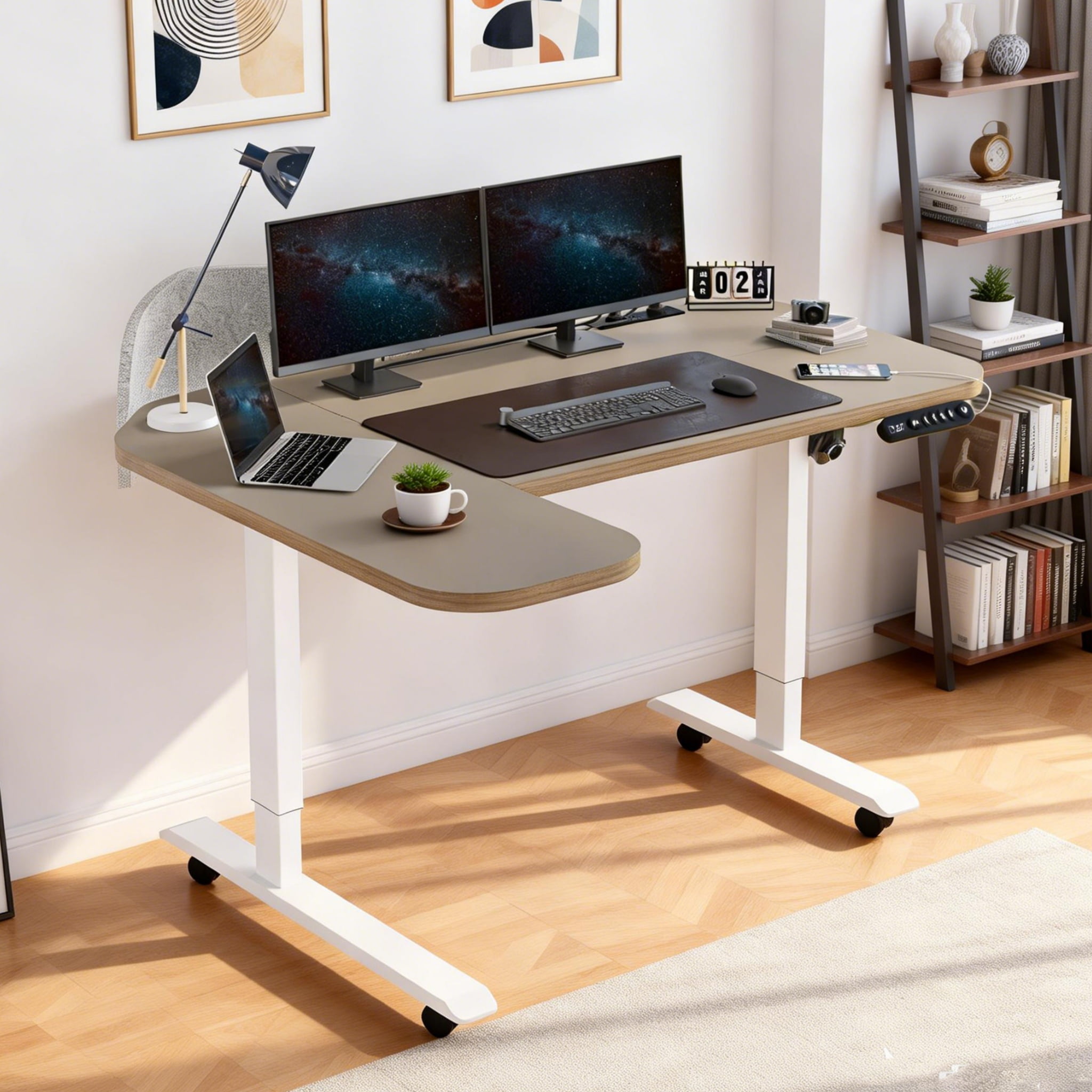 Aukfa 59" L-Shaped Electric Standing Desk,Height Adjustable Sit Stand Desk with Power Strip,Privacy Screen & Memory Controller,Khaki