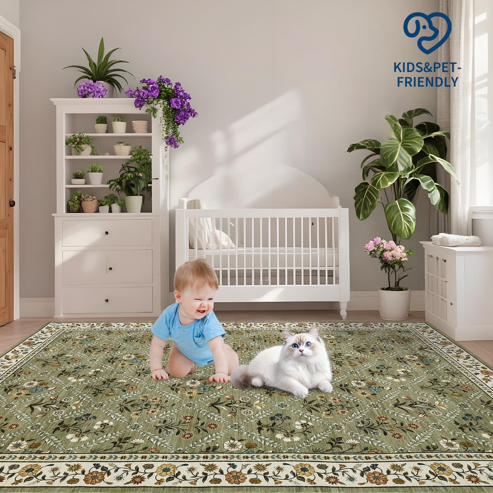 Senfot 8x10 Floral Print Area Rug Machine Washable Non-Slip Stain Resistant Low Pile Bordered Farmhouse Rug for Living Room Bedroom Home Office Green