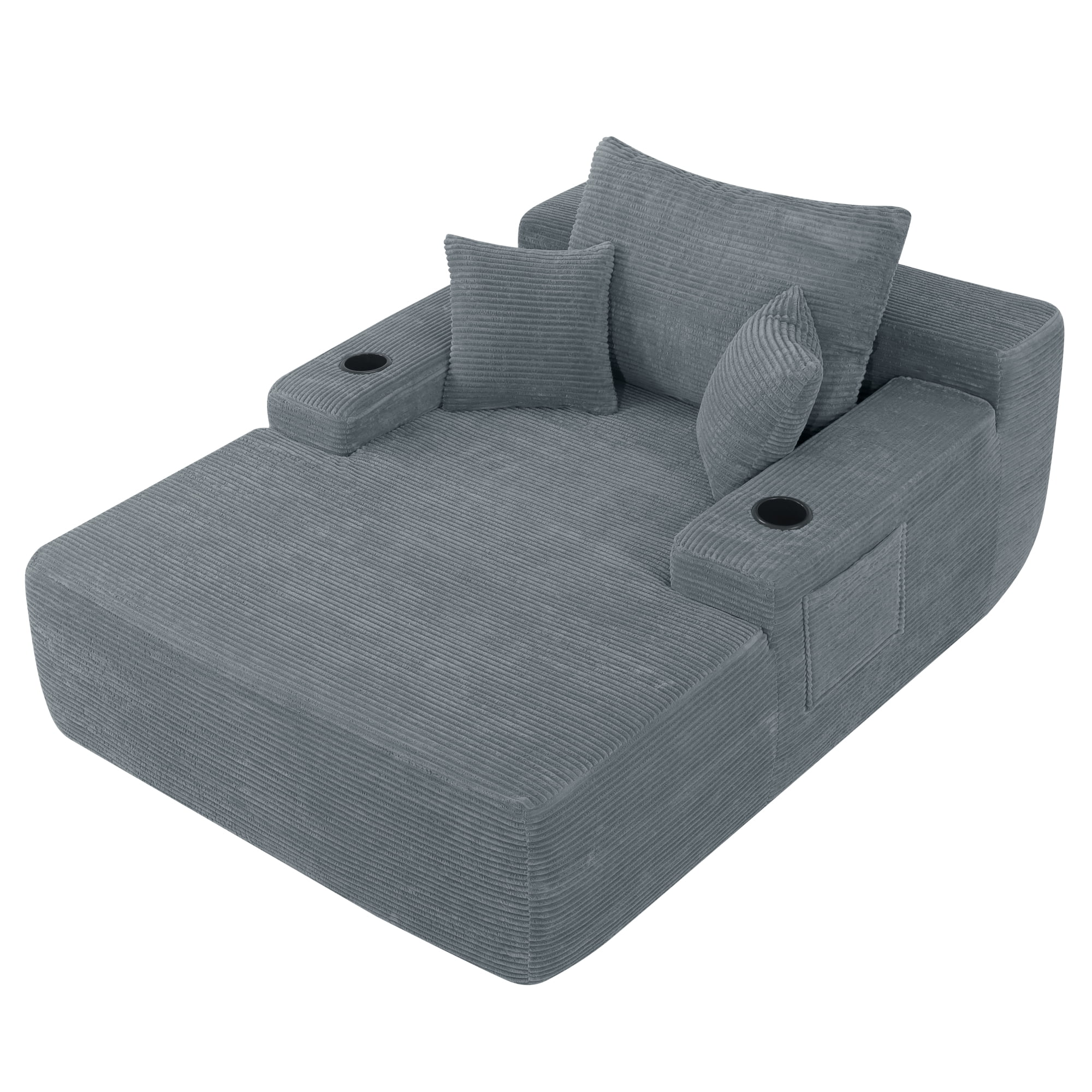Leumius Boneless Couch, Lounge Chair corduroy with Wide Armrest & Throw Pillows, Cozy Boneless Sleeper Sofa Bed Armchair with Cup Holder for Living Room, Bedroom, No Assembly Required,Grey