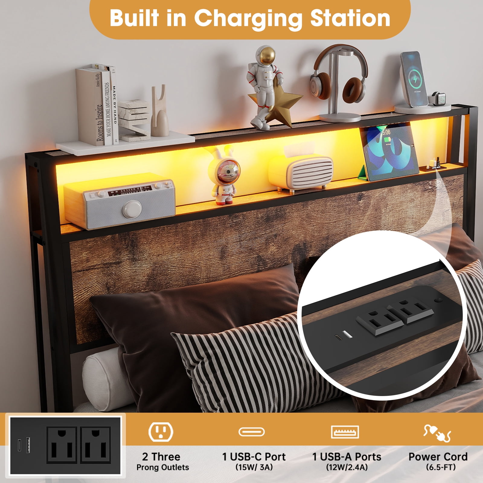 Leumius Full Size Bed Frame with Headboard, Platform Bed with RGB LED Light & Charging Station & Under Bed Storage Space, Easy Assembly, Brown