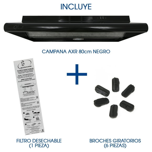 Campana SANAIRE AXR 80CM Negra Filtro atrapagrasa Extra y Bolsita de broches de repuesto