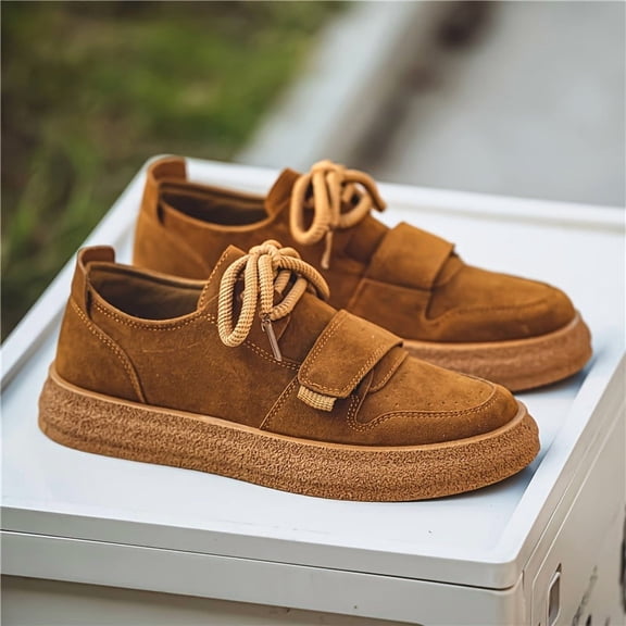 Men's Brown Suede Platform Casual Shoes, Lace Up Hook & Loop Fashion Sneakers, Non-Slip Thick Sole Walking Shoes for Daily Wear