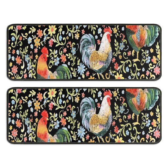Kitchen Rugs Sets Of 2,Black Chicken Rooster Flower Pattern Anti Fatigue Kitchen Mat Rugs Non Slip Washable,Decorative Kitchen Floor Mats for Kitchen,Sink,Laundry,17"x47" 17"x47"