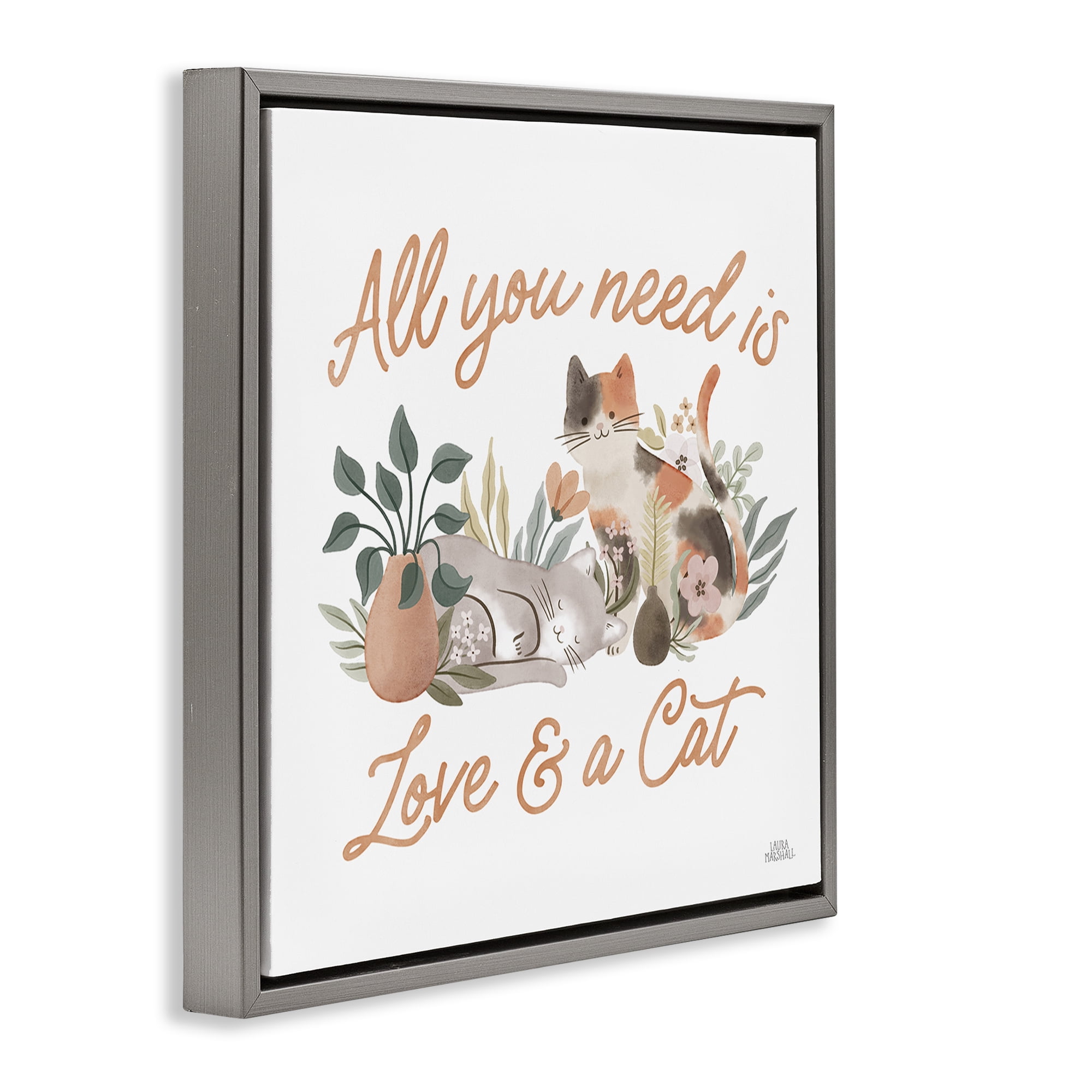 Stupell Industries Love & A Cat Phrase Animals & Insects Painting Gray Floater Framed Canvas Art Print Wall Art, 18 x 18