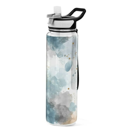 1000ML Transparent Sports Water Bottle with Handle & Straw Portable Water Bottle for Outdoor Camping Gym Watercolor Ink Splashes Pattern