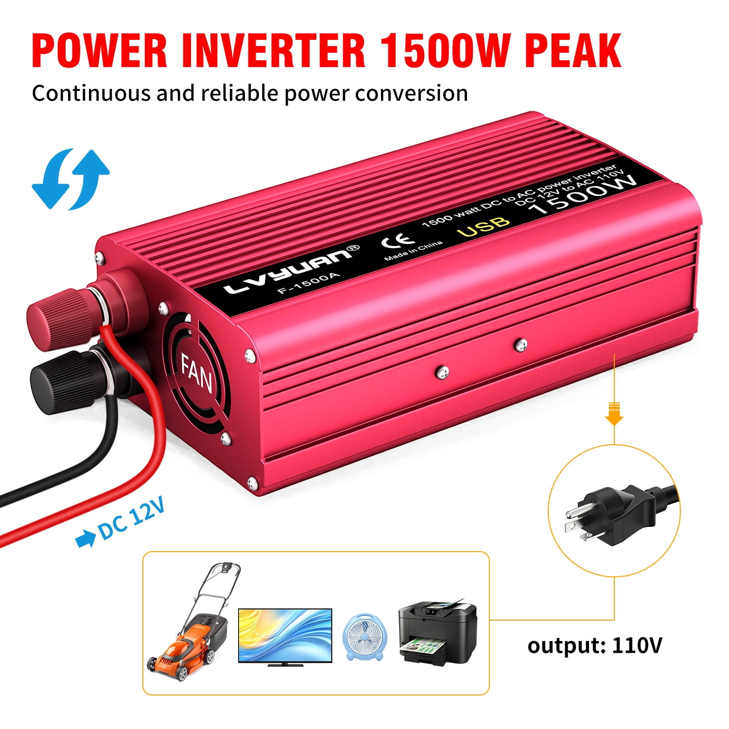 LVYUAN 1500 Watts Peak Power Inverter Car Converter Adapter USB Charger Modified Sine Wave DC 12v to AC 110V Red