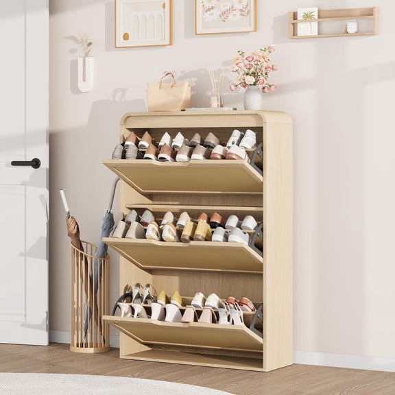 Rattan Shoe Cabinet with 3 Flip Drawers, Narrow Shoe Storage Cabinet for Entryway, Wooden Shoe Organizer with Adjustable & Removable Shelves for Hallway, Natural Oak