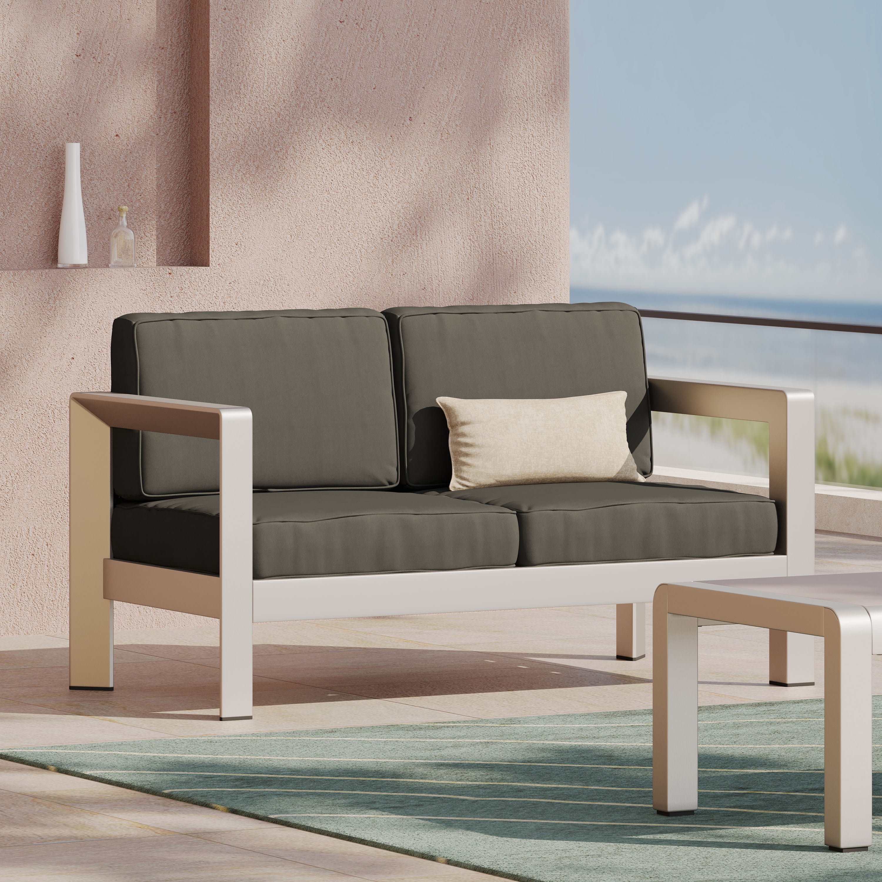Outdoor Double Seat Loveseat, All Aluminum Frame Leisure Sofa for Patio Garden, Gray