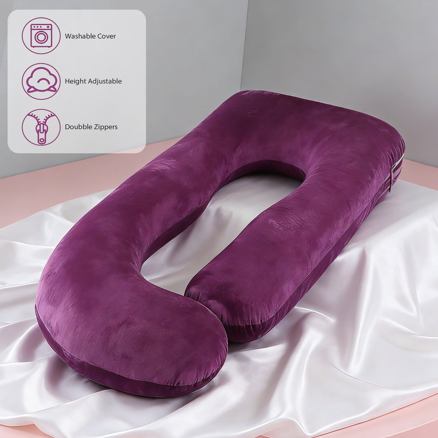J-Shaped Pregnancy Pillow (63" x 19.6") - Full Body Maternity Support Pillow for Back, Hip and Belly Pain Relief, Purple