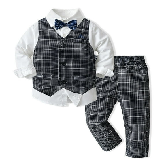 WOYY Infant Boys Suit 3 Piece Long Sleeve Shirt Plaid Vest Pants Outfits, Sizes 18-24M