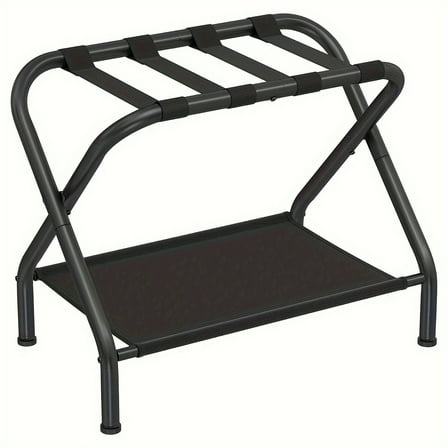 1pc Heavy-Duty Metal Luggage Rack With Shelf, Foldable Suitcase Stand, Black, For Home & Hotel Use, Fits Various Suitcase Sizes