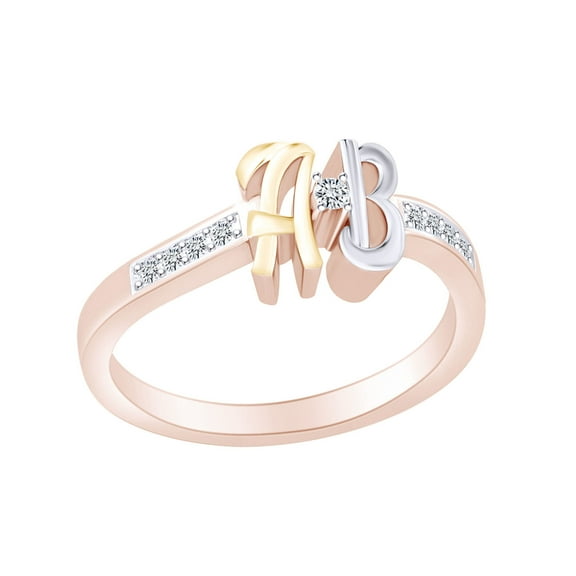 AFFY 1/10 Carat Round White Natural Diamond Initial Letter A & B Ring 14k Rose Gold Over Sterling Silver (0.1 Cttw)