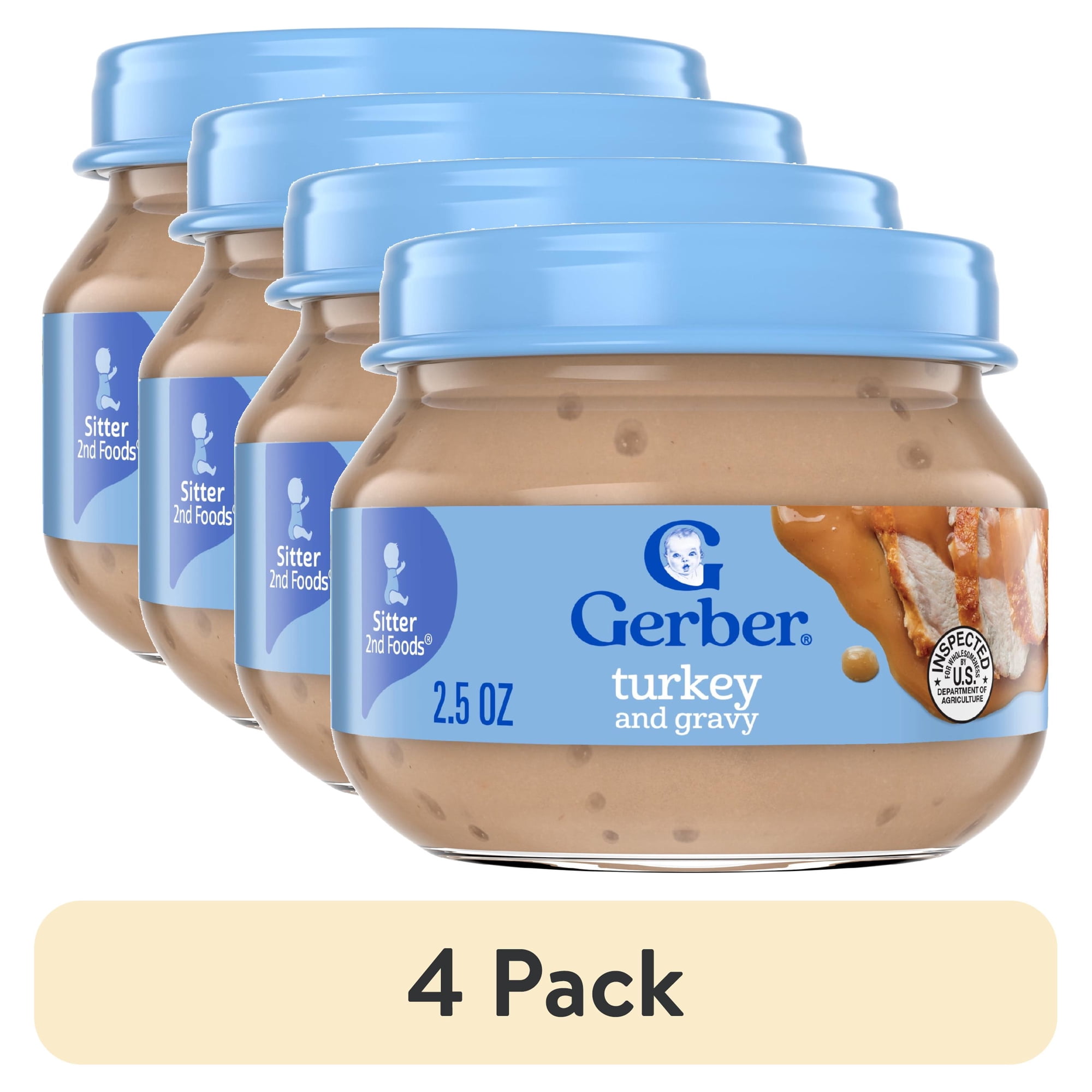 (4 pack) Gerber Stage 2 Baby Food Puree, Turkey and Gravy, Meat Puree, 2.5 oz Jar