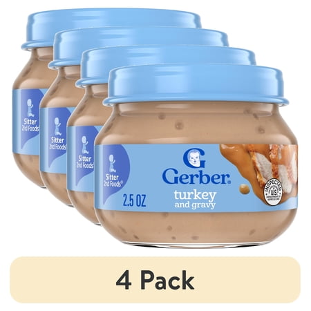 (4 pack) Gerber Stage 2 Baby Food, Turkey and Gravy Jar, Baby Food Poultry Puree, Baby Mealtime, Baby Puree Jars Glass 2.5 oz