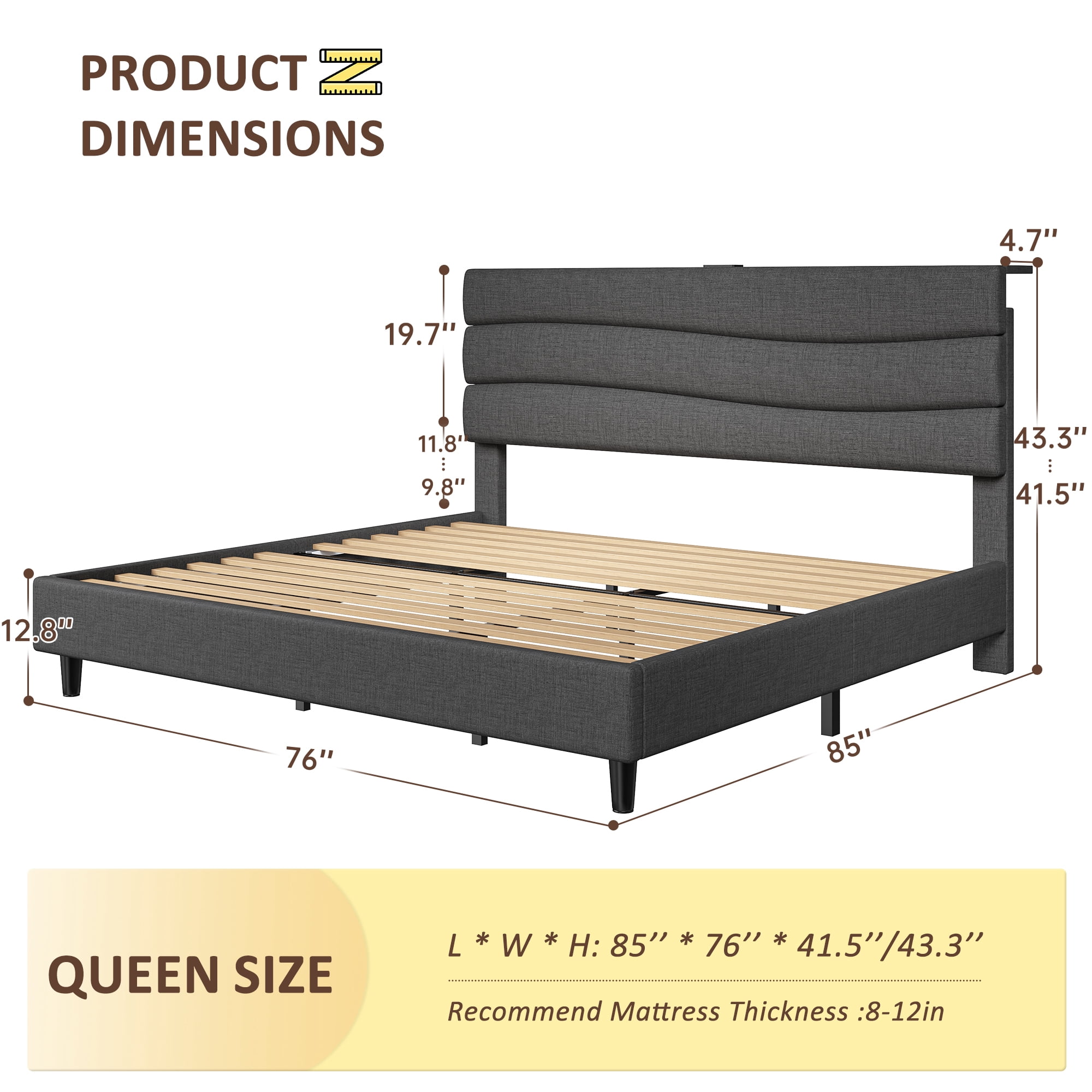 King Size Bed Frame with Storage Platform Upholstered Bed Frame with Adjustable Headboard & Charge Station,Gray