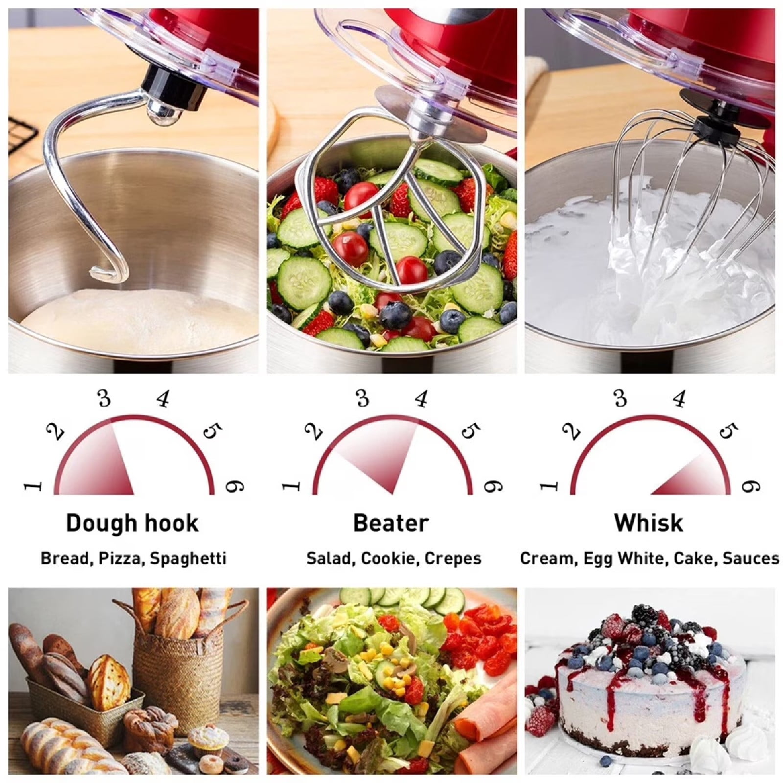 Eurhowing 6.5 QT Stand Mixer 600W, 6-Speed Tilt-Head Electric Kitchen Mixer with Dough Hook, Whisks, Beater & Stainless Steel Bowl for Bread Cake Baking, Home Use